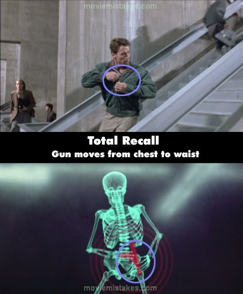 Phim Total Recall (Tìm lại kí ức), Doug nhét súng vào túi áo ngực, nhưng khi anh đi qua máy quét, khán giả lại thấy chiếc súng đang nằm ở dưới quần